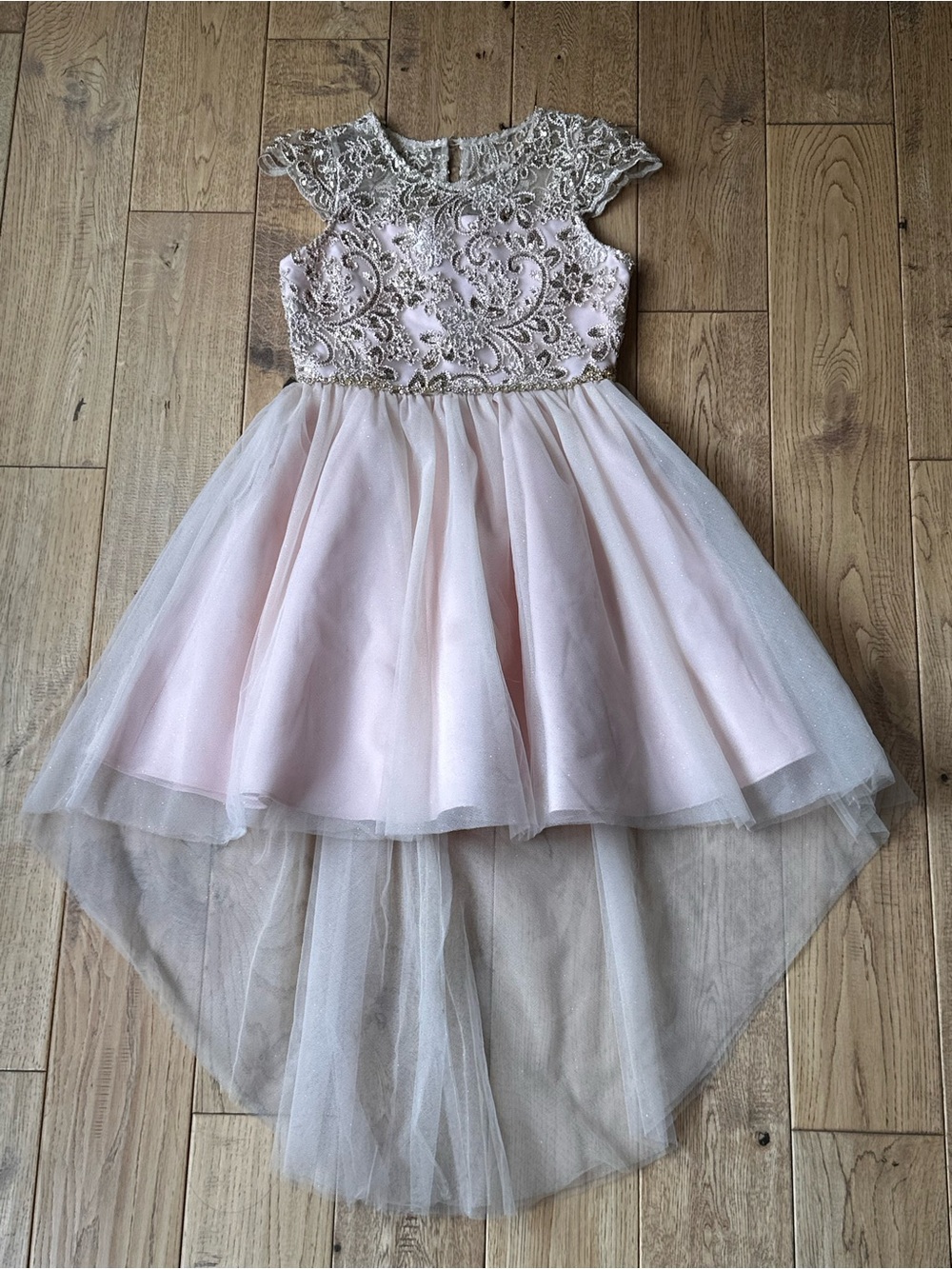 Rare Editions Embellished Mesh Bodice Hi-Low Skirt Dress size 8